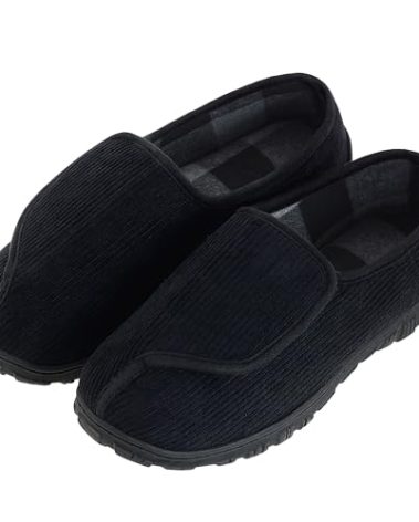 Mens Memory Foam Diabetic Slippers Extra Wide Comfy with Coral Fleece Lining Size 11 Black for Arthritis Edema Swollen Feet House Shoes