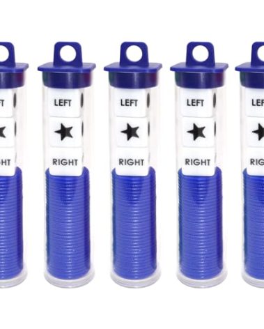Ahoper Right Left Center Dice Game Prime Set Bundle with 3 Dices + 30 Chips. Round Tube Storage is Very Convenient for Travel. Easy to Store, Carry Around. (Blue 5 Pack)