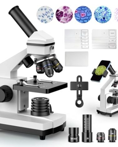 PalliPartners Compound Microscope for Adults & Students - 100X-2000X High-Power Biological Microscope for Students, School Lab & Home Education, with Slides Set & Phone Adapter (White)