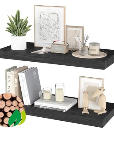 PopiShelves Floating Shelves for Wall - 32 x 9 Inch Natural Wood Shelves for Bathroom, Bedroom, Kitchen Decor, Farmhouse Decor Set of 2, Black