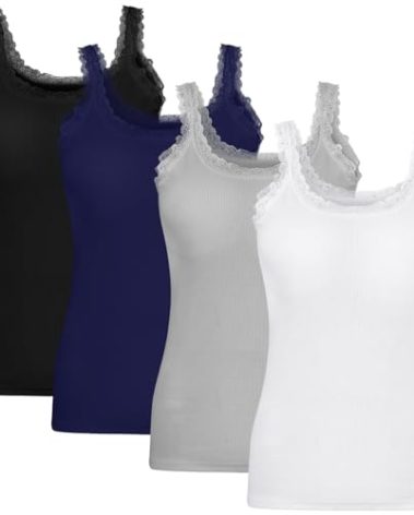 Lasnten 4 Pieces Lace Camisole Tank Tops for Women Ribbed Cami Top Lacework Undershirt Patchwork Tank Lace Trim Cami(Large,Black, White, Navy, Gray)