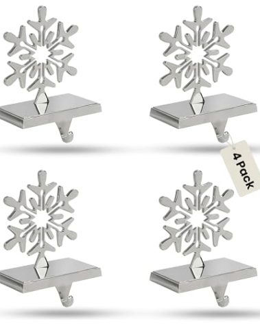 Iconikal 4-Pack Stocking Holders Christmas Chrome Metal Snowflake Weighted for Mantle, Holiday Fireplace Hangers