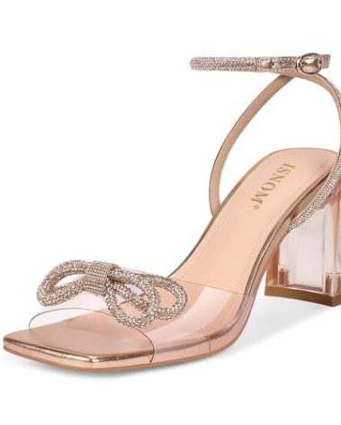 ISNOM Clear Heels for Women Rosegold Rhinestone Heels Womens Bow Heel Womens Clear Rhinestone BowSparkly Chunky Heel Wedding Champagne