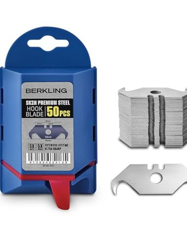 Berkling Utility Hook Razor Blades 50 PCS With Dispenser, SK2H Laser Sharpened Hardened, Ultra 3X Sharper and 5X Durable, Heavy Duty Replacement Blades for Carpet, Roofing Blade Knife, Box Cutter