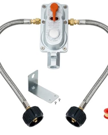 Skyflame 2-Stage Auto Changeover RV Propane Regulator, Dual Propane Tank Connection Kit with 2PCS 12-Inch Stainless Steel Braided Hoses for RVs, Trailers, Vans
