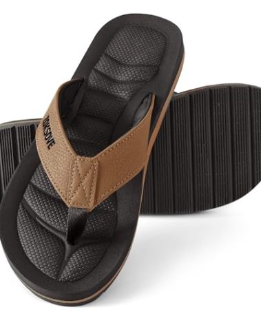 ZOKSOVE Mens Arch Support Flip Flops - Comfort Lightweight Open Toe Slides - Memory Foam Filp Flops for Men- Beach Slippers Tan 8