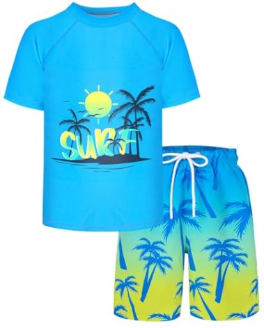 Boys Two Piece Rash Guard and Swim Trunks Outfit Set Kids Short Sleeve Swimsuit