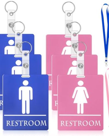 Fuyoooo 6 Set Bathroom Pass Restroom Hall Pass for Classrooms with Key Holder Keychain with Lanyard PVC Blue and Pink Restroom Passes for Classrooms Women Men