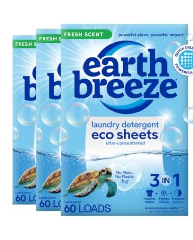 Earth Breeze Laundry Detergent Sheets Fresh Scent - 180 Loads Eco Liquidless Soap - Travel-Friendly for Hot & Cold Cycles, Tackles Tough Stains & Odors - Gentle on Skin, 90 Ct (3 Pack)