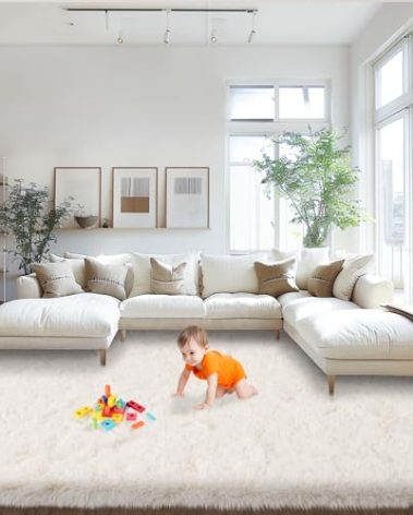Mugorn Area Rugs 9x12 Living Room, Large Fluffy Cream White Area Rugs for Bedroom, Soft Carpet Shag Kids Room Rug, Non-Slip Fuzzy Rugs Indoor (9ft x 12ft, Cream White)
