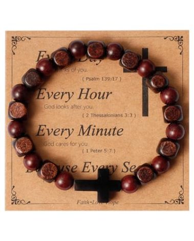 Eigso Stainless Steel Cross Link Bracelet for Men Women Christian Easter Religious Red Sandal Wood Beaded Wristband for Man Woman