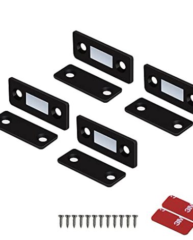 Mousike Magnetic Door Catch Ultra Thin Cabinet Magnets Stainless Steel Drawer Magnet Catch for Sliding Door Closure Kitchen Cabinet Cupboard Closet Closer (Black-4Pack)
