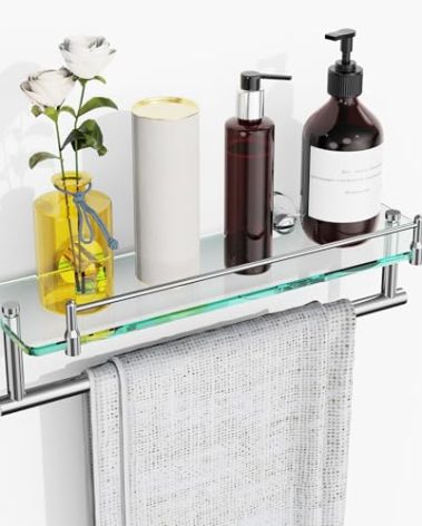 KOCOK 16-Inch Floating Tempered Glass Bathroom Shelf with Towel Bar - Chrome Polished & Stainless Steel, Wall Mount