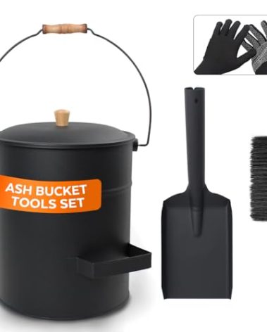 KEFIY Ash Bucket with Lid and Shovel, 4 Gallon Metal Fireplace Ash Bucket with Broom, Complete Fireplace Tools Set for Wood Stove and Fireplace