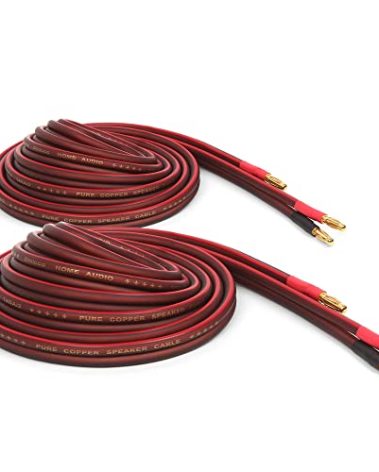 Micca 14 Gauge Pure Copper Speaker Cables, 6.6 Feet Each (2 Meters), 2 Pack Pair, Gold Plated Banana Plugs Connectors, Soldered Construction, Slim Design, 245 Strands, for Stereo or Home Theater