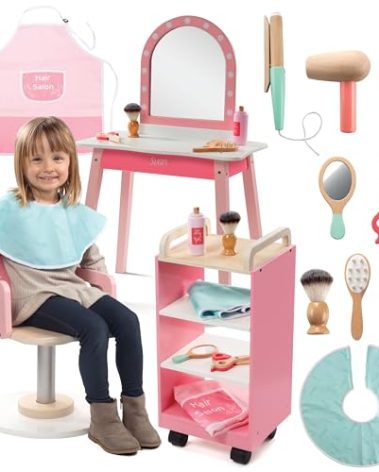Pretend Hair Salon Wooden Play Set- Full Vanity Mirror with Chair & Rolling Cart- Playset Includes Blow Dryer, Brush, Styling, Cutting Tools- Girls Hair Dresser Stand, Stylist Fun, Xmas Gift for Kids