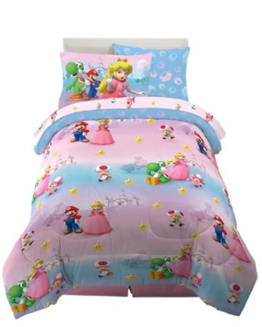 Super Mario Girl Princess Peach Girl Gamer Kids Bedding Super Soft & Cozy Reversible Microfiber Comforter and Sheet Set with Sham, 5 Piece Twin Size, (Officially Licensed Product) by Franco