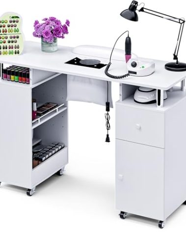HolaiNail Manicure Table Nail Desk for Nail Tech, Acetone Resistant Beauty Salon Station with Dust Collector, Wrist Pad, Lockable Wheels, Drawer & Cabinet, White