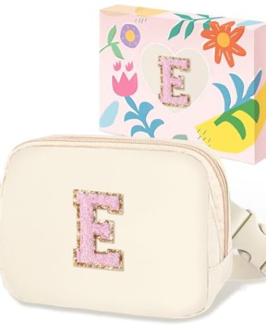 COSHAYSOO Easter Birthday Initial Gifts for Women Teen Girls 5 6 7 8 9 10 11 12 13 14 Year Old Ivory Fanny Pack for Girls Belt Bag Crossbody Travel Purse Unique Trendy Cute Stuff Chenille Letter E