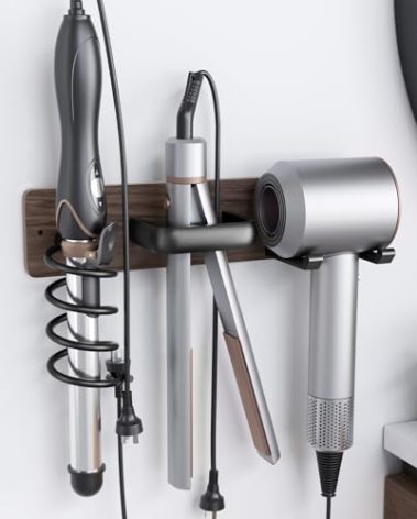Tindbea Hair Dryer Holder Curling Iron Holder Flat Iron, Blow Dryer Holder Wall Mount, 3 in 1 Bathroom Hair Tool Organizer Rack for Universal Dryer, Walnut Matte Black