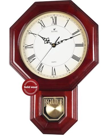 JUSTIME Traditional Schoolhouse Solid Wood Roman Pendulum Wall Clock Chimes Hourly with Westminster Melody Chime Made in Taiwan (Red Wood w/Westminster Chime)
