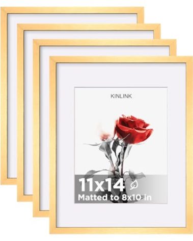 KINLINK 11x14 Picture Frame Set of 4, Wooden 14x11 Photo Frames with Plexiglass for 8x10 Picture with Mat or 11x14 Without Mat, Art Collage for Wall Gallery and Tabletop Display, 11 x 14 Frame Gold