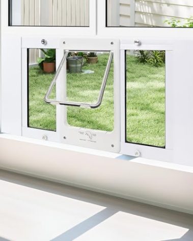 Full-Size Window Pet Door for Cat&Small Dog, Fits 28"-32" Width Windows, Quick-Fit Cat Door Window Insert, 4 Locking Mechanisms, Magnetic Closure Cat Door for Window,Aluminum Frame Pet Door for Window