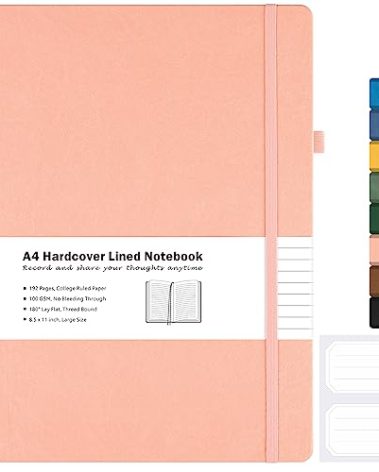 College Ruled Notebook, A4 Hardcover Leather Notebook for Work, Lined Notebook Journal for Women, Men, 192 Thick Paper, 8.5" x 11", Large Notebook with Pockets, Professional Business Notebook, Pink