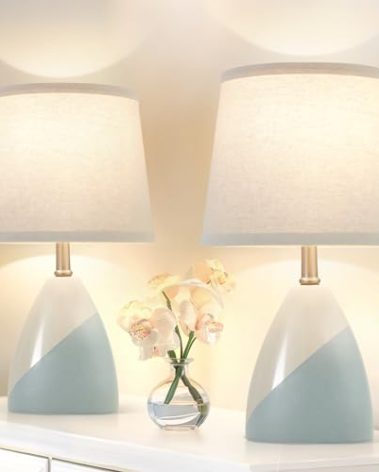 Luvkczc Table Lamps Set of 2, 19” Ceramic Table Lamp Beside Lamps Nightstand Lamp Modern Table Lamp for Living Room, Bedroom & Office Rocker Swtich, Blue White-LED Bulbs Included