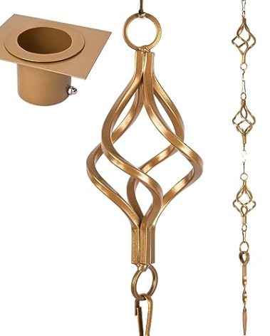 Aseneat Rain Chain Bird Cage Set 8.5Ft, Not Rust Wrought Iron Rain Chains for Gutters with Adapter Gotta Drain and Rain Sturdy Anchoring Stake,13 Birdcage, 1 Hook, Adjustable Length for Garden (Gold)