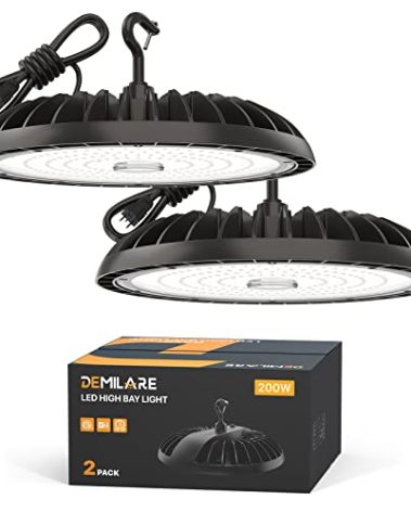 DEMILARE 2 Pack LED High Bay Light 200W 30000 lm, 5000K UFO High Bay Led Shop Lights ETL Listed US Hook 5' Cable Plug, 800W MH/HPS Eqv. Commercial Lighting for Workshop, Garage, Warehouse 100-277V