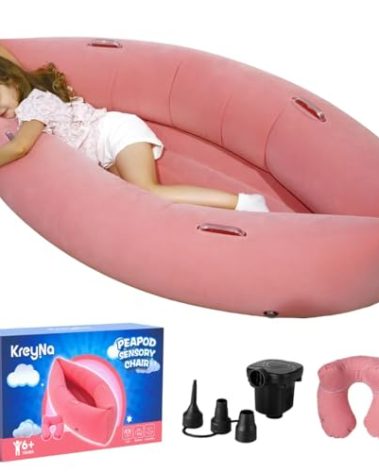 Sensory Chair Inflatable Peapod Canoe, 60" Sensory Pod Sitting for Autistic Children, ADHD Sensory Pea Pod with Neck Pillow, Electric Air Pump, Pink
