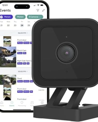 Cam V3 Smart Home Security Camera, Indoor/Outdoor Use, 1080p Plug-in, Color Night Vision, Motion Detection, Two Way Audio, Compatible with Alexa, Google Assistant, Black