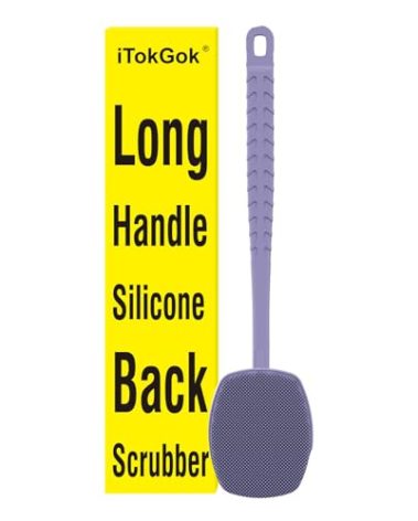 iTokGoK® All New Premium Silicone Back Scrubber with Tire Anti-Slip Long Handle for Shower, Gentle Exfoliating and Massage Brush Scrubber for Sensitive Skin for Men and Women (Lavender)