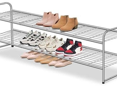 AOODA 2 Tier Long Metal Shoe Rack for Closet Wide Stackable Shoe Storage Organizer 18-Pairs Low Small Sneaker Rack for Entryway, Bedroom, Garage, Grey