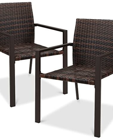 Best Choice Products Set of 2 Stackable Outdoor Wicker Dining Chairs All-Weather Firepit Armchair w/Armrests, Steel Frame for Patio, Deck, Garden, Yard - Brown
