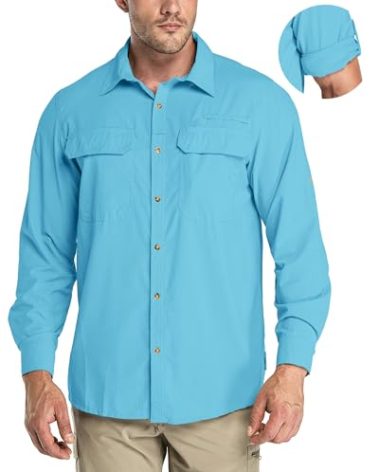 33,000ft Men's Long Sleeve Sun Protection Shirt UPF 50+ UV Quick Dry Cooling Fishing Shirts for Travel Safari Camping Hiking Bright Blue