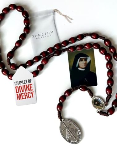 Saint Faustina Kowalska mystic visionary True Relic Chaplet Apostle Divine of Mercy with Miraculous Medal JESUS I TRUST in You Chaplet Three O' Clock prayer Poland Polish Novena (Cherry on The Cord)