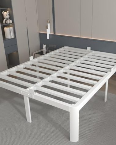 KOSOSO 16 Inch White King Size Bed Frame, Metal King Bed Frame with Baffles, No Box Spring Needed, Heavy Duty Steel Platform Support, Round Corner Legs, Reserved Holes, Storage Space, Noiseless