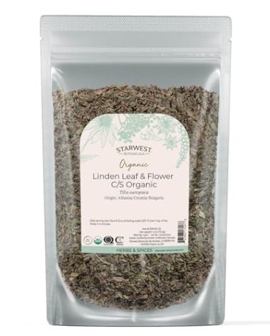 Starwest Botanicals Organic Linden Leaf & Flowers - Dried Loose Leaf Herb for Tea, Syrup, & Herbal Blends, Pure & Natural Linden, Caffeine Free, Cut & Sifted, Certified Kosher, Non-GMO - 4 oz Pouch