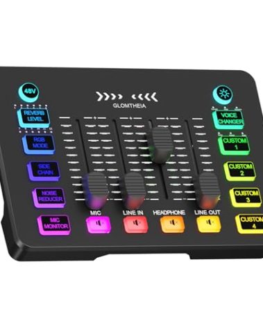 Glomtheia Gaming Sound Board Audio Interface Voice Changer for PC PS4 PS5 Streaming Mixer Soundboard Compatible with XLR Condenser/Dynamic Microphone
