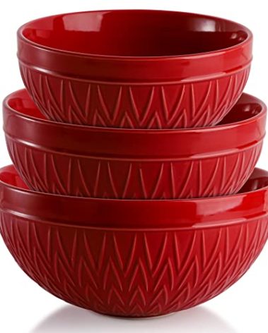 AVLA Porcelain Mixing Bowls for Kitchen, 3/1.8/1.2 Qt Ceramic Large Serving Salad Soup Bowl Set, Deep Nesting Bowl for Space Saving, 3-Piece Set, Microwave and Dishwasher Safe, Red