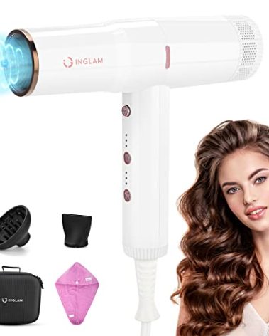 Hair Blow Dryer with Diffuser, IG INGLAM Professional High Speed Brushless Motor Negative Ion Low Noise Constant Temperature, 3 Heat Settings 3 Speeds and Cool Shot Brutton Powerful Ionic Hair Dryer
