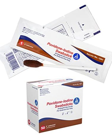 Dynarex Povidone Iodine Swabsticks, Swabstick Packaged in Individual Foil Pack, Antiseptic for Skin Preparation, Brown, 1 Box of 50 Povidone Iodine Swabsticks
