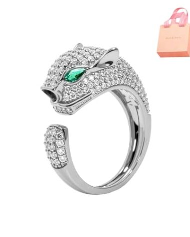 Aura & Irena 18K Platinum Plated Panther Rings for Women Men - Non Tarnish Adjustable Leopard Rings with 3A Cubic Zirconia, Fashion Gift