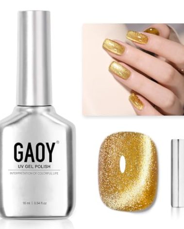 GAOY Gold Glassy Cat Eye Gel Nail Polish, 16ml Glitter Holographic Nail Polish with Magnet, Reflective Translucent UV Gel, 2156 Dazzling Dawn