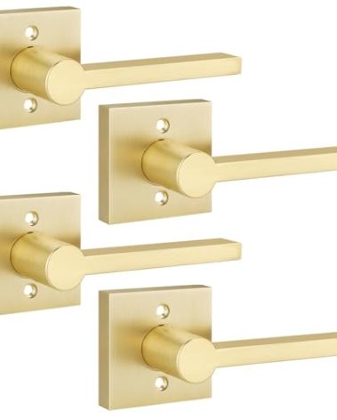 EHOMEWARE 4 Pack Satin Brass Dummy Door Handle, Gold Interior Door Lever for Pull or Push Only, Heavy Duty Single Sided Door Handles for French or Closet Doors