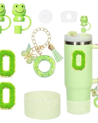 Liangang 8PCS Cup Accessories Set For Stanley 30oz 40oz,Including Boot,Spill Proof Stopper,2PCS Stanley Straw Cover and 2PCS Sticker Letter (Green O)