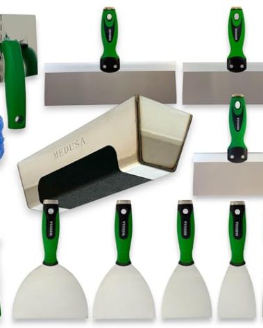 MEDUSA S.S. Drywall Taping Tool Set with Adjustable and reversible S.S. Angle Tool, Removable and Replaceable Corner Mud Roller and Professional Grade S.S. Mud Pan with Grip