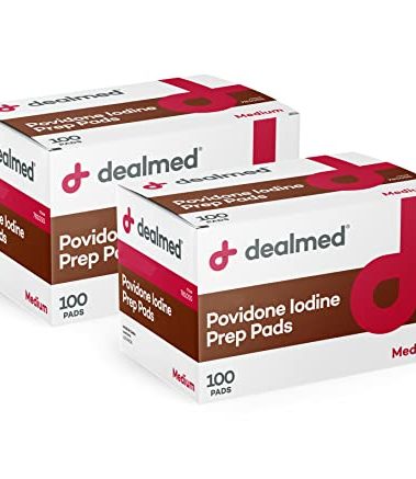 Dealmed Povidone Iodine Prep Pad 10% - Individually Sealed Packets Perfect for Wound Care and Portable First Aid Kits, 100/Box (Pack of 2)